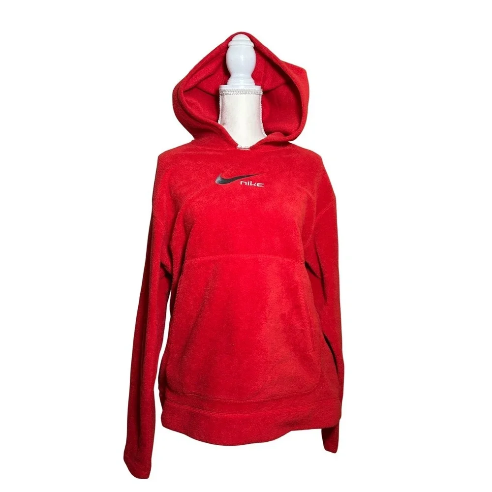 Vintage Y2K Nike Fleece Hoodie‎ Pullover Red Embroidered Logo Sweatshirt Mens L